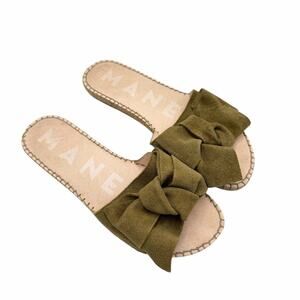 Manebi Olive Suede Bow Flat Espadrilles Sandals